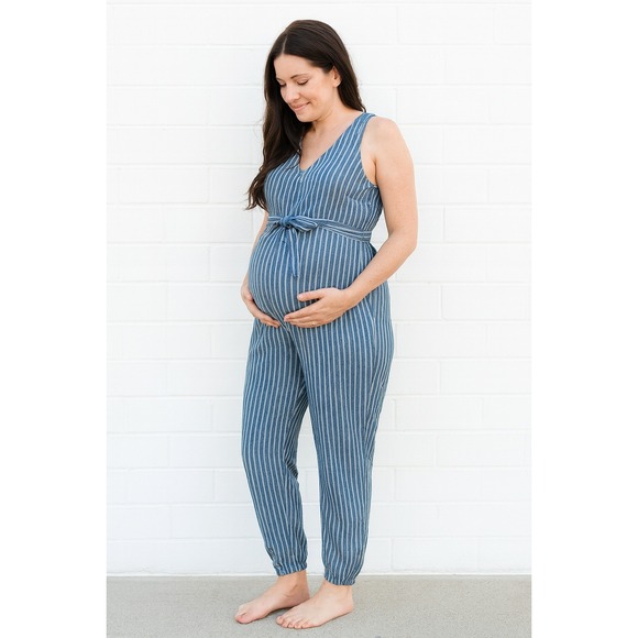 The Nines By Hatch Maternity Jumpsuit Blue Linen Cotton Blend S Striped V Neck - Picture 1 of 10